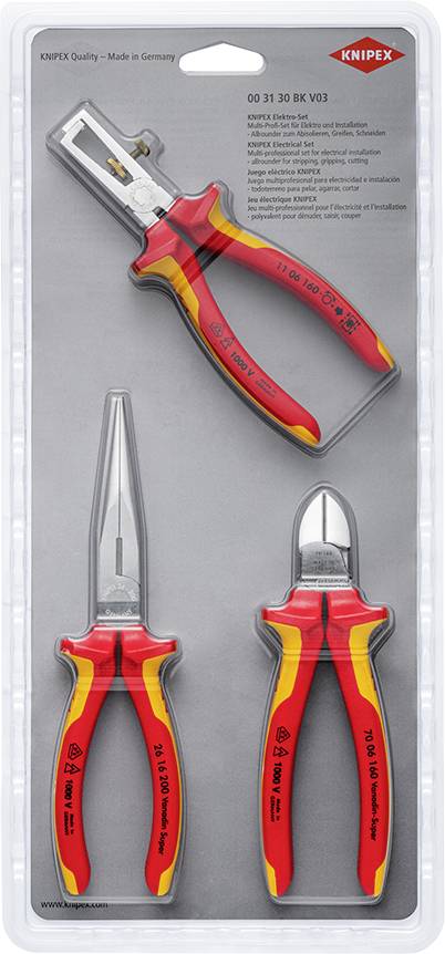 Balení se třemi kleštěmi KNIPEX: odizolovací kleště, kombinované kleště a boční štípací kleště. Červené rukojeti se žlutými akcenty. Kvalita 'Vyrobeno v Německu'.