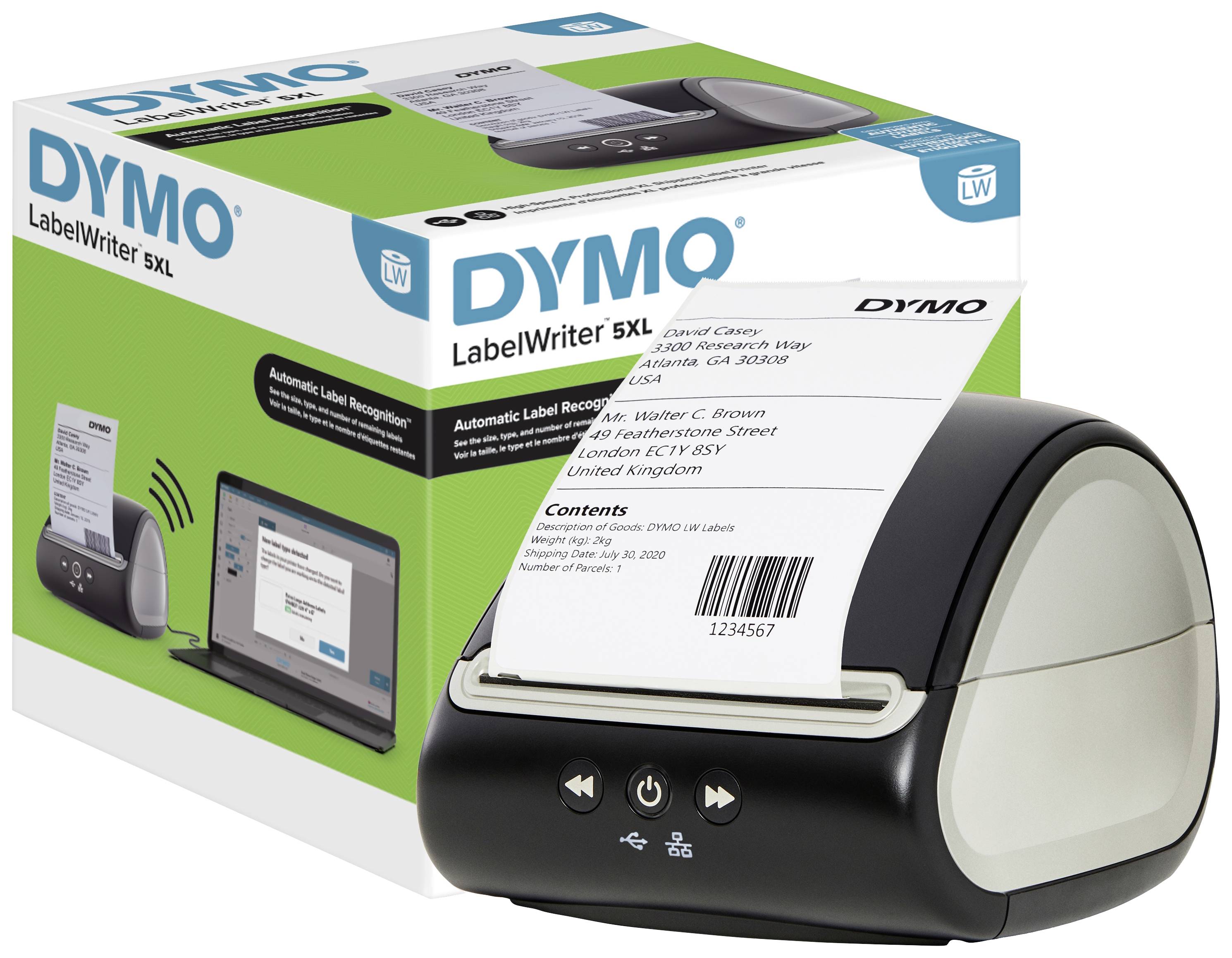 DYMO LabelWriter 5XL balení a tiskárna. Tiskárna tiskne expediční štítek. Balení zobrazuje obrázek tiskárny.