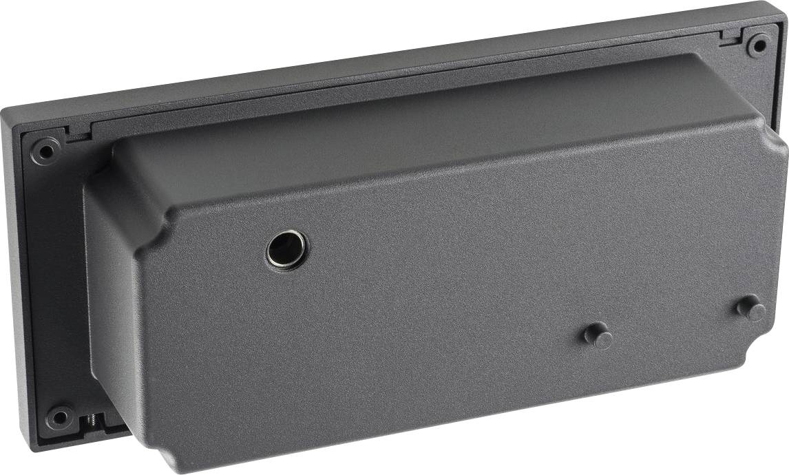 Černý obdélníkový skříňový kryt s bočním připojovacím otvorem a dvěma malými upevňovacími body na přední straně.