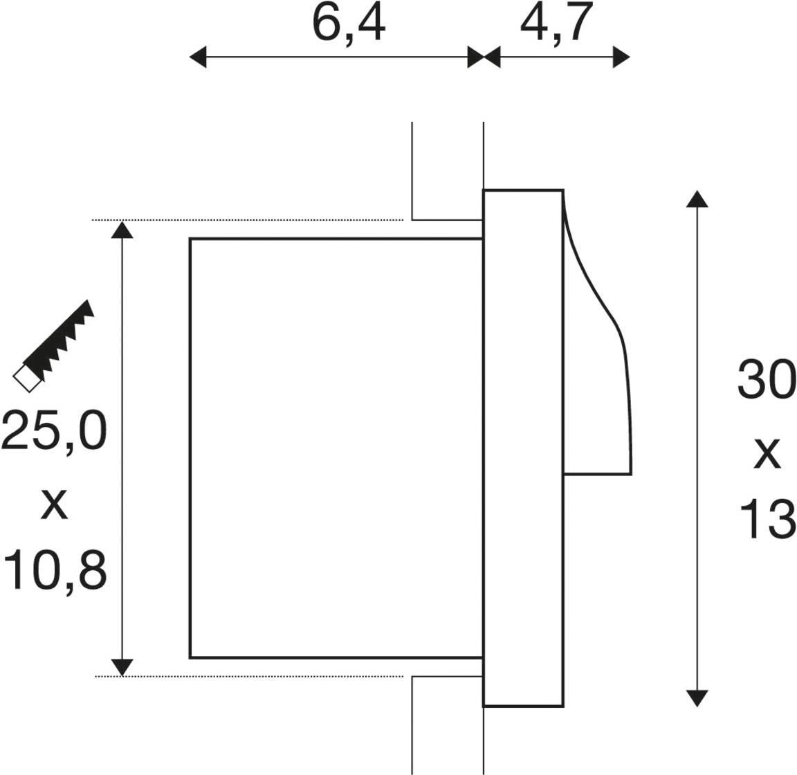 Schématický nákres komponenty. Rozměry: 6,4 cm šířka, 4,7 cm hloubka, 30 cm výška. Další rozměry: 25 x 10,8 cm, 30 x 13 cm.