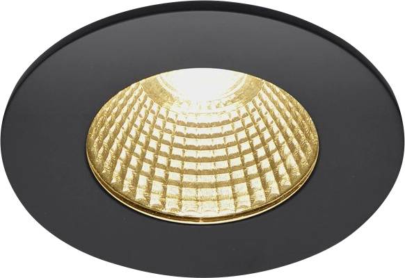 Kulatá vestavná svítidla s černým okrajem a zlatou vnitřní strukturou, která vyzařují světlo směrem dolů. Ideální pro moderní interiéry.