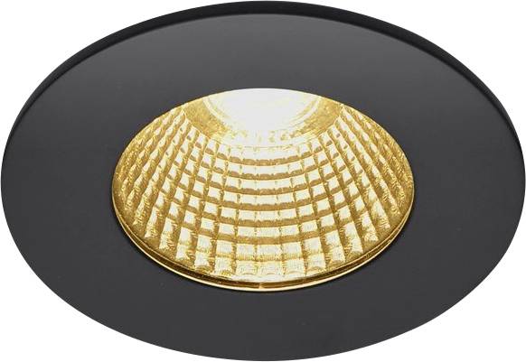 Vestavěné svítidlo s černým lemováním a zlatavým, reflexním vnitřním pláštěm. Energeticky úsporné osvětlení do interiéru.