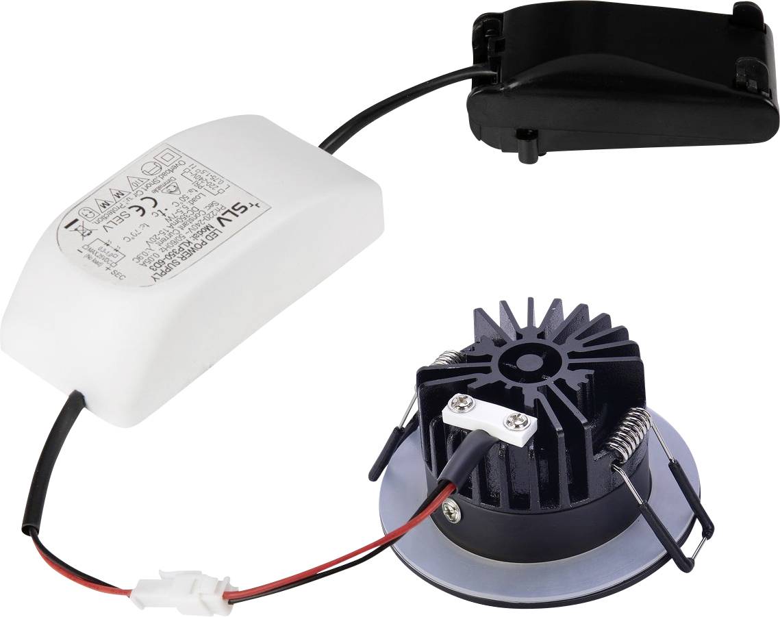 Vestavěný LED stropní spot s černým chladičem a bílým LED napájecím zdrojem, propojené kabelem.