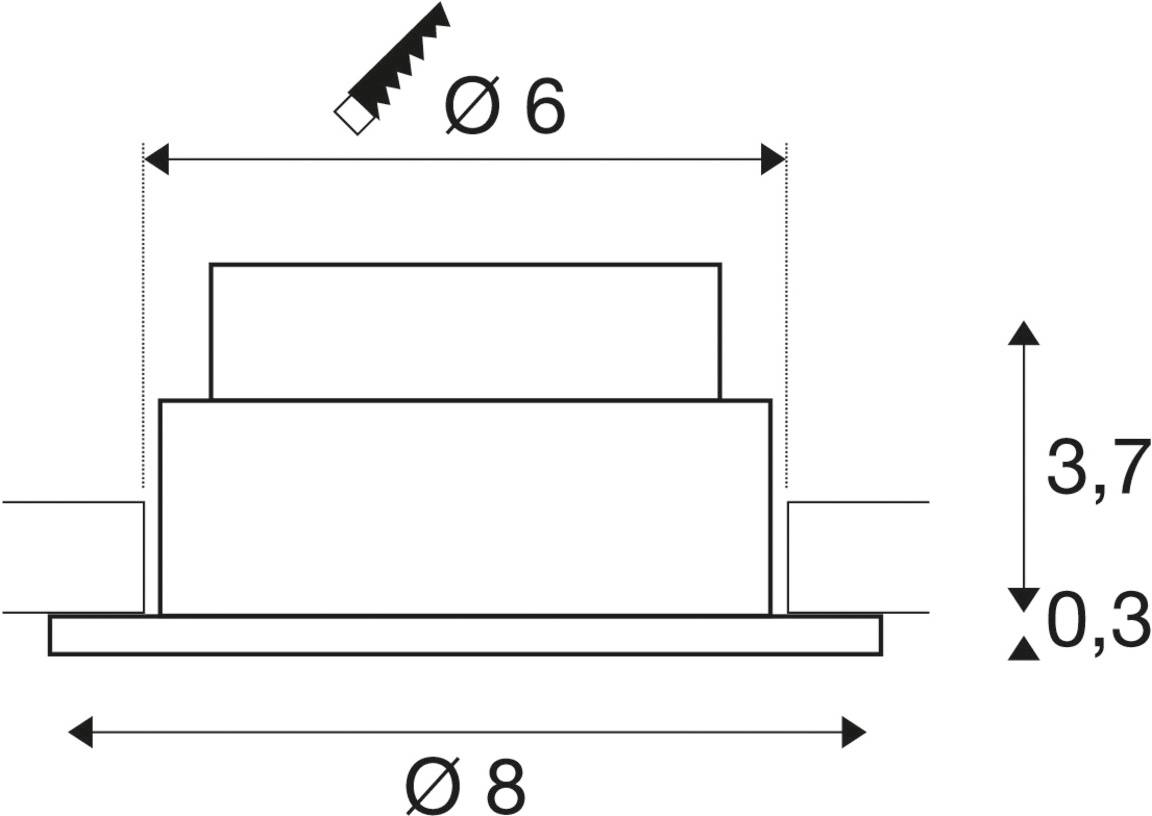 Průměrný technický výkres součástky s průměry 6 a 8 mm. Výška 3,7 mm, základna 0,3 mm.