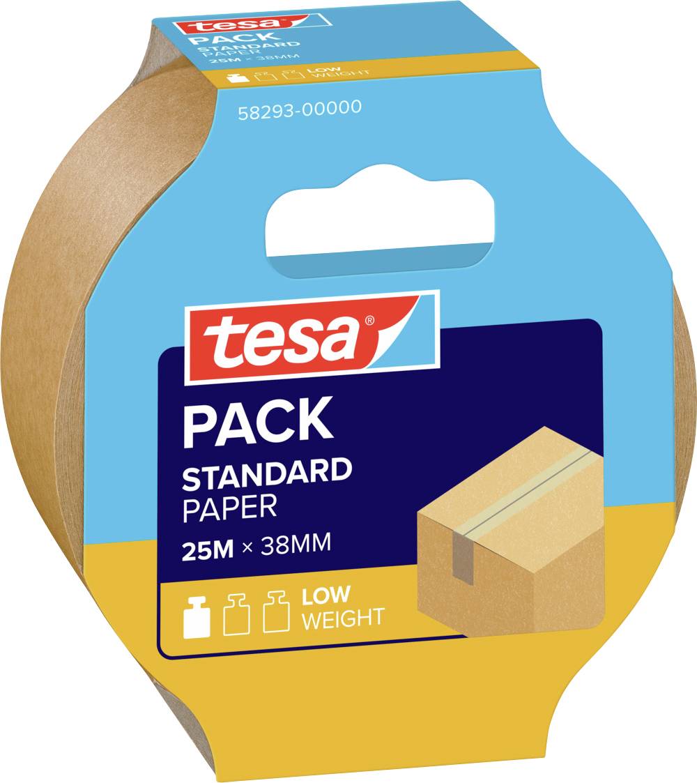 Páska 'Tesa Pack Standard Paper', 25m x 38mm, znázorněna s ilustrací kartonové krabice. Vhodná pro balení lehčích zásilek.