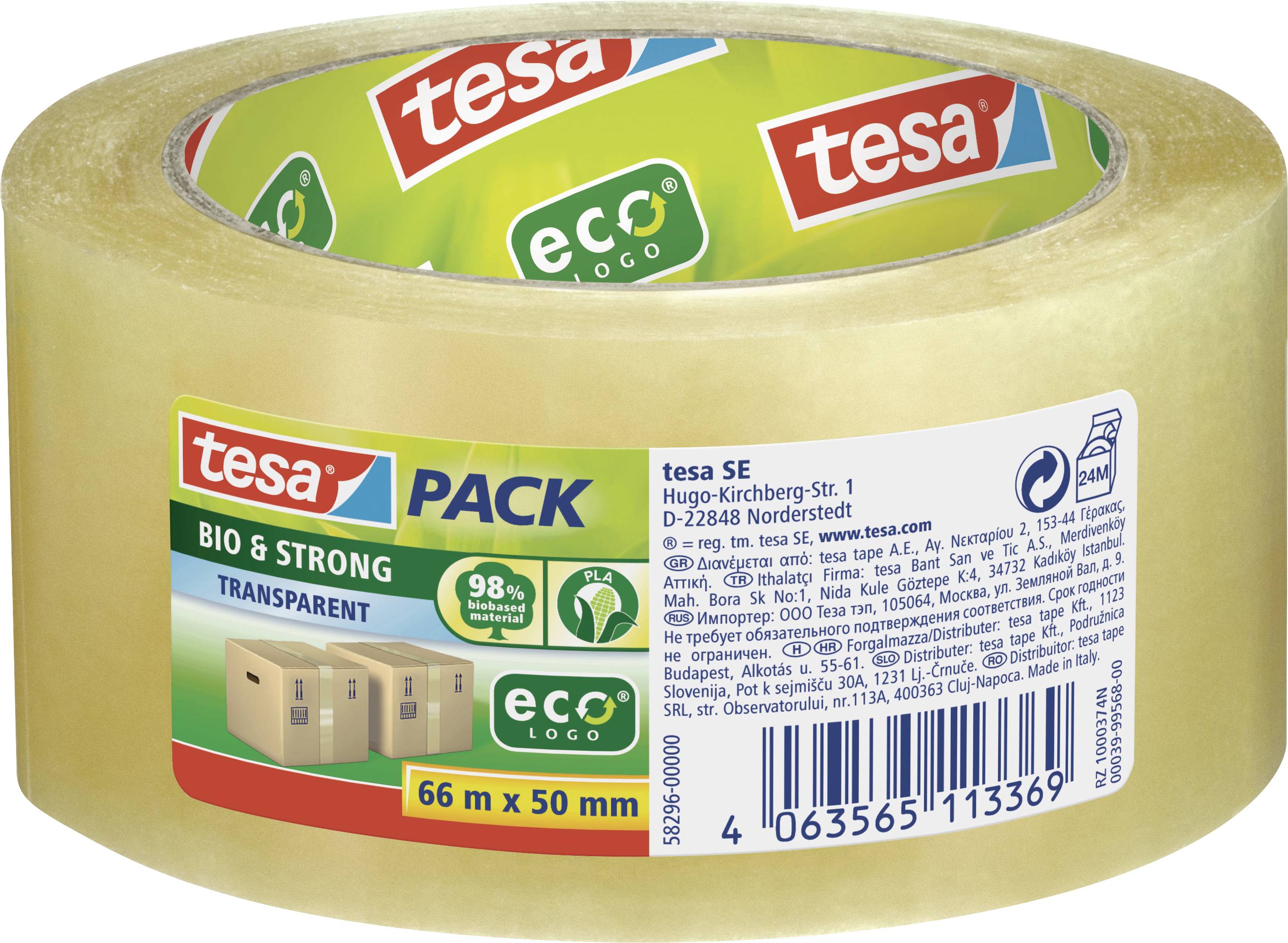 Průhledná role balicí lepicí pásky značky 'tesa'. Nápis 'BIO & STRONG', 'ecoLogo', 66 m x 50 mm, vyrobeno z 98% recyklovaného materiálu.