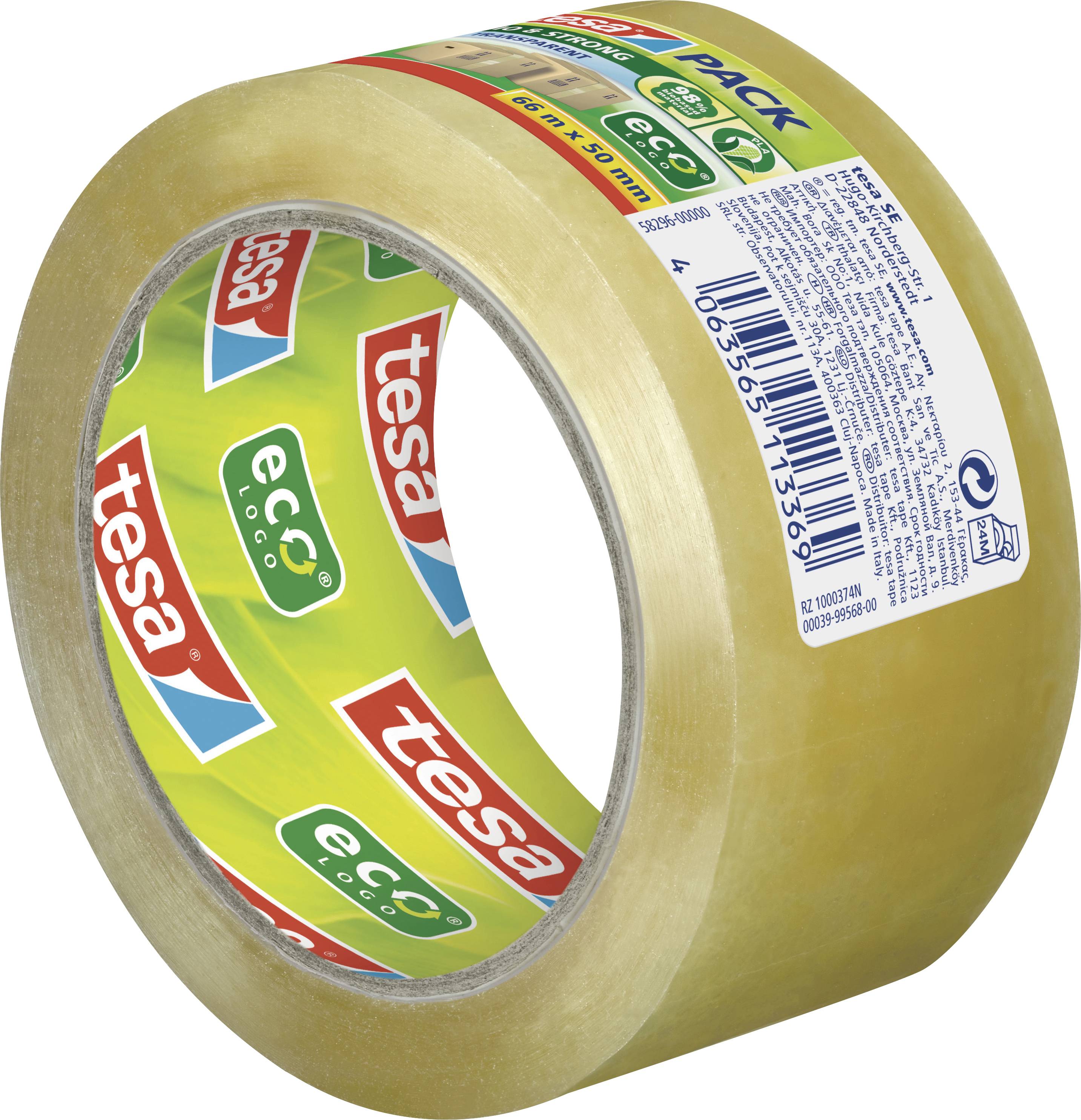 Role průhledné lepicí pásky značky Tesa s zeleným a žlutým štítkem, který zdůrazňuje nápisy 'ecoLogo' a 'Pack'.