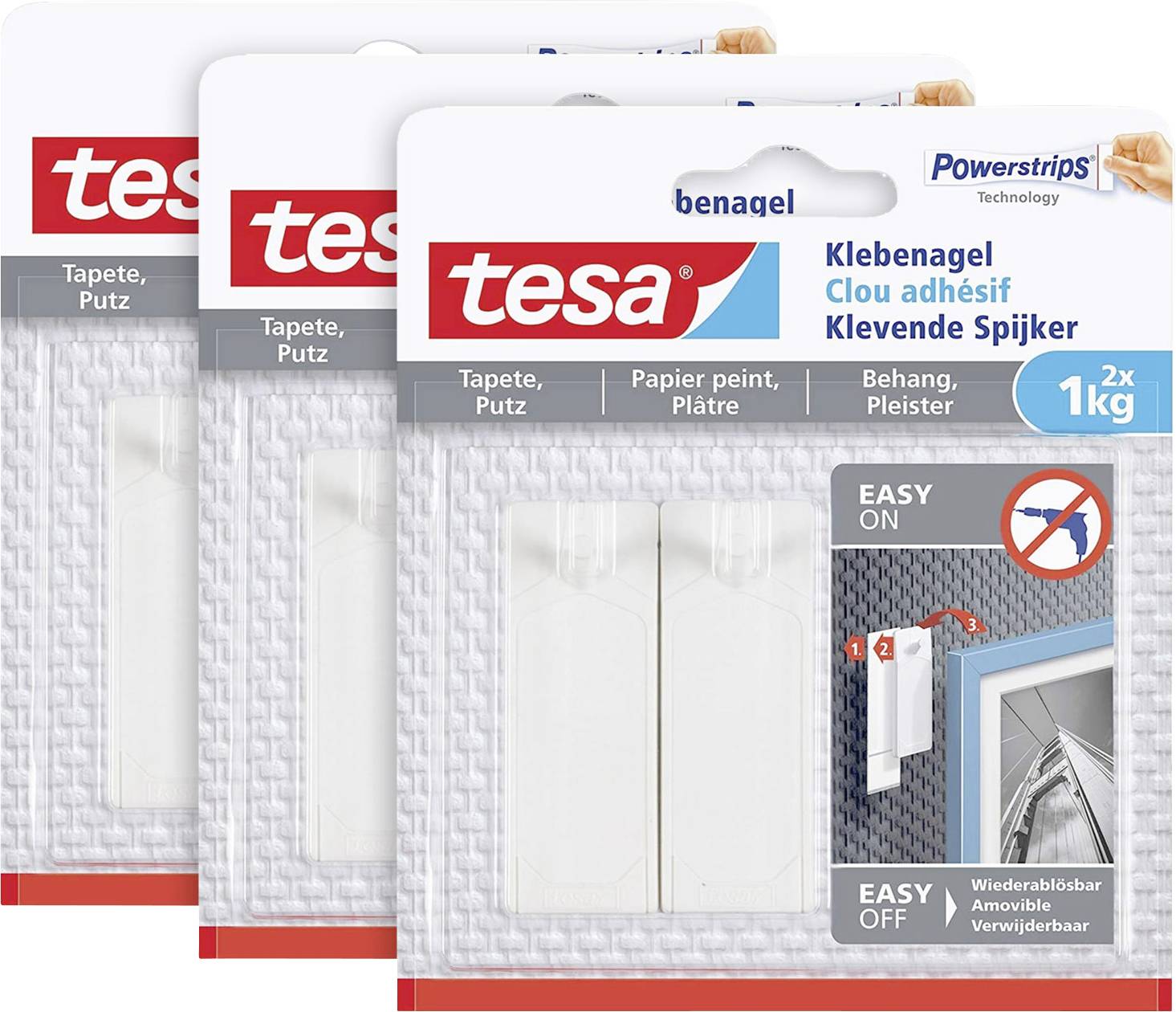 Trojbalení hřebíků 'tesa' pro tapety a omítku, nosnost 1 kg, snadno aplikovatelné a odstranitelné.