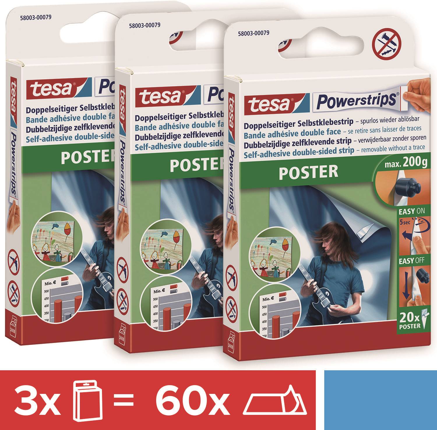 Tři balení tesa Powerstrips Poster, oboustranné lepicí pásky vhodné pro plakáty do 200 g; tři balení postačí celkem pro 60 proužků.