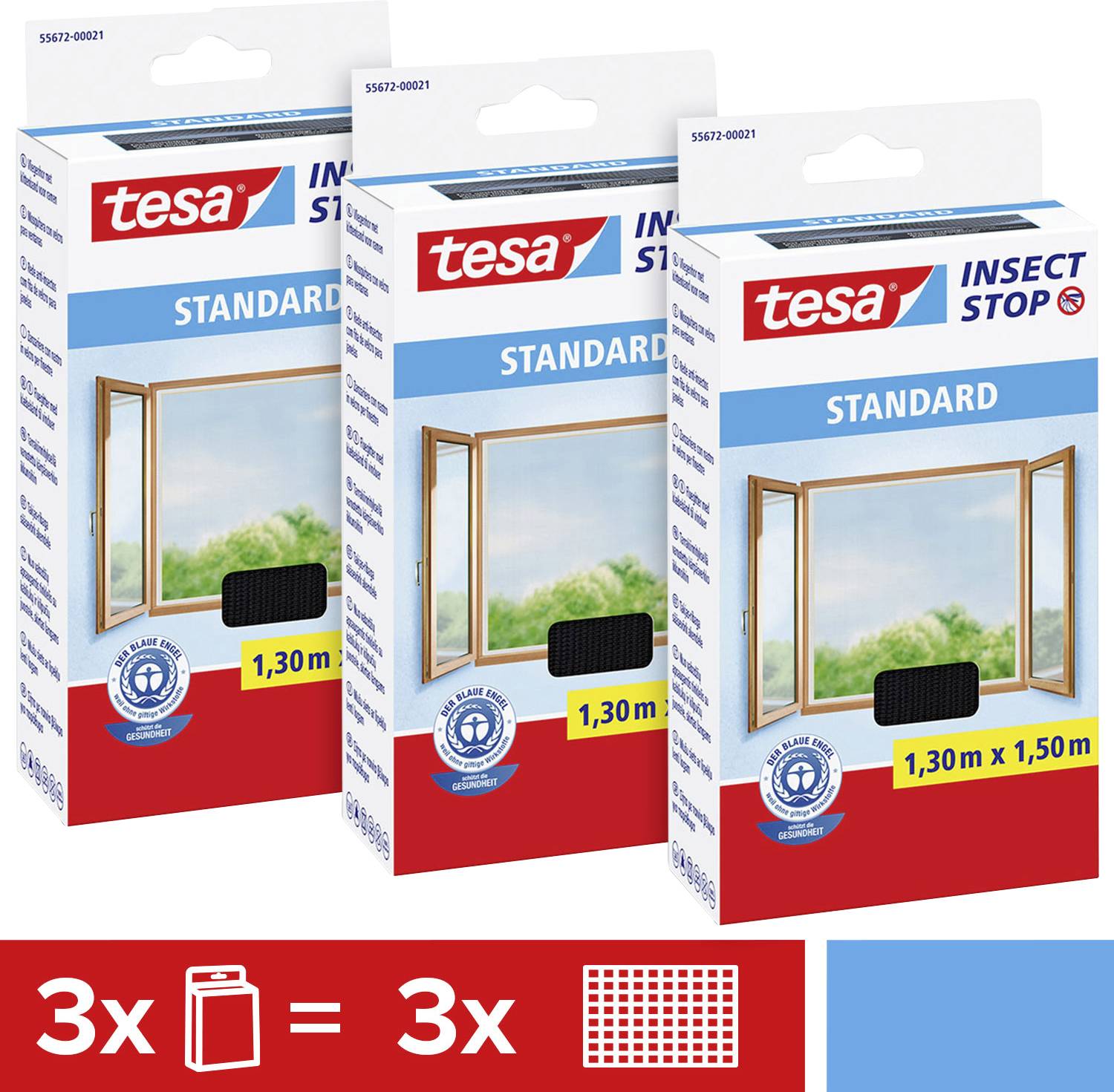 Tři balení ochrany proti hmyzu od tesy, každé o rozměrech 1,30 x 1,50 m, s obrázkem otevřeného okna a nápisem "Insect Stop Standard".