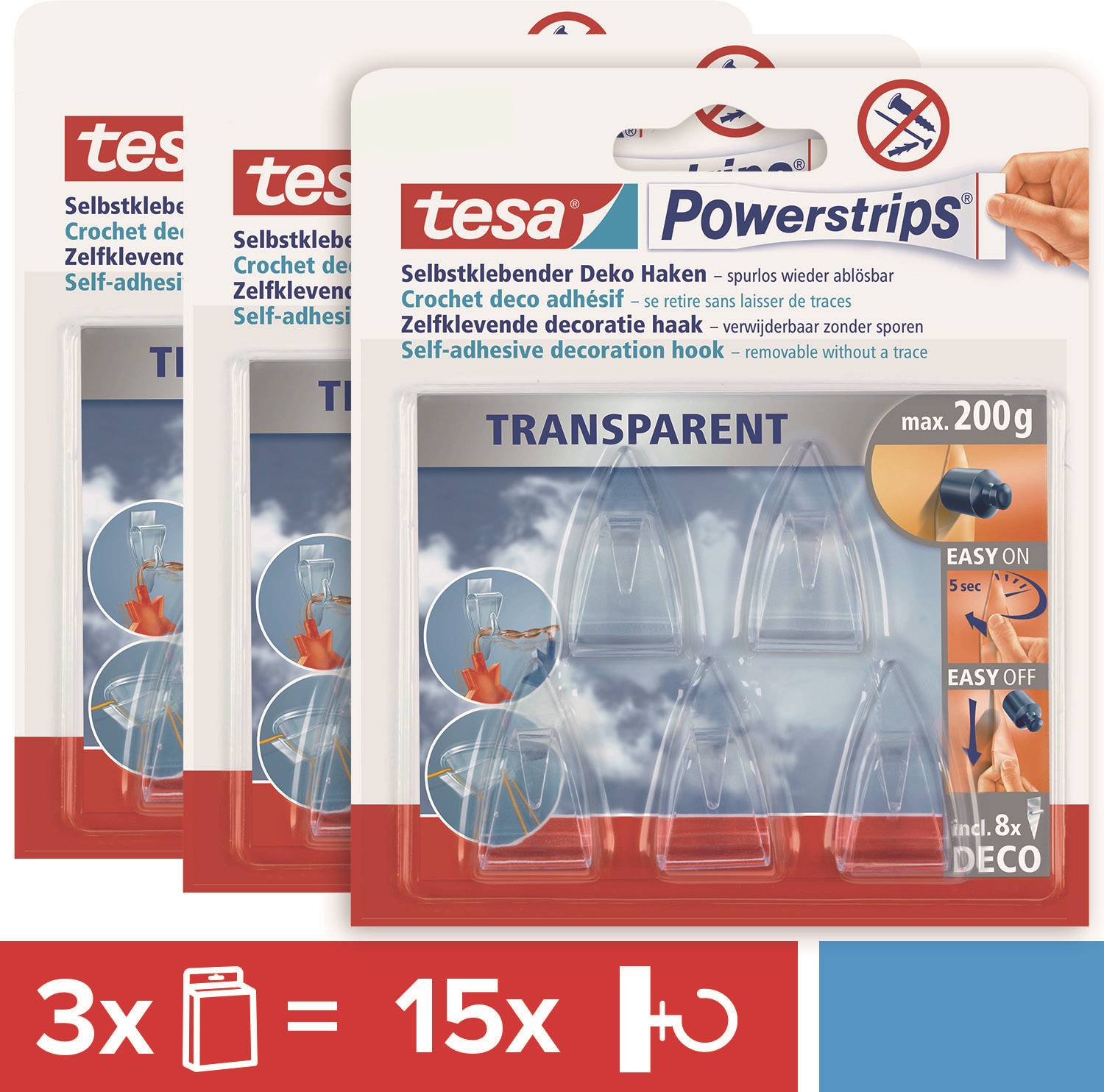 'Balení Tesa Powerstrips: Samolepicí dekorativní háčky, transparentní, max. nosnost 200g, snadná instalace a odstranění. Sada obsahuje 3 balení, celkem 15 háčků.'