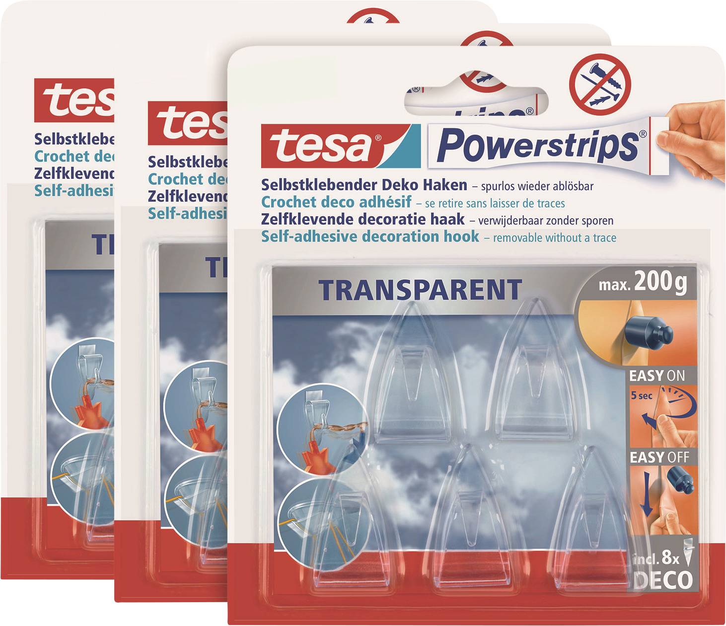 Tři balení samolepicích průhledných háčků 'tesa Powerstrips' s maximální nosností 200g, které se snadno připevňují a odstraňují.