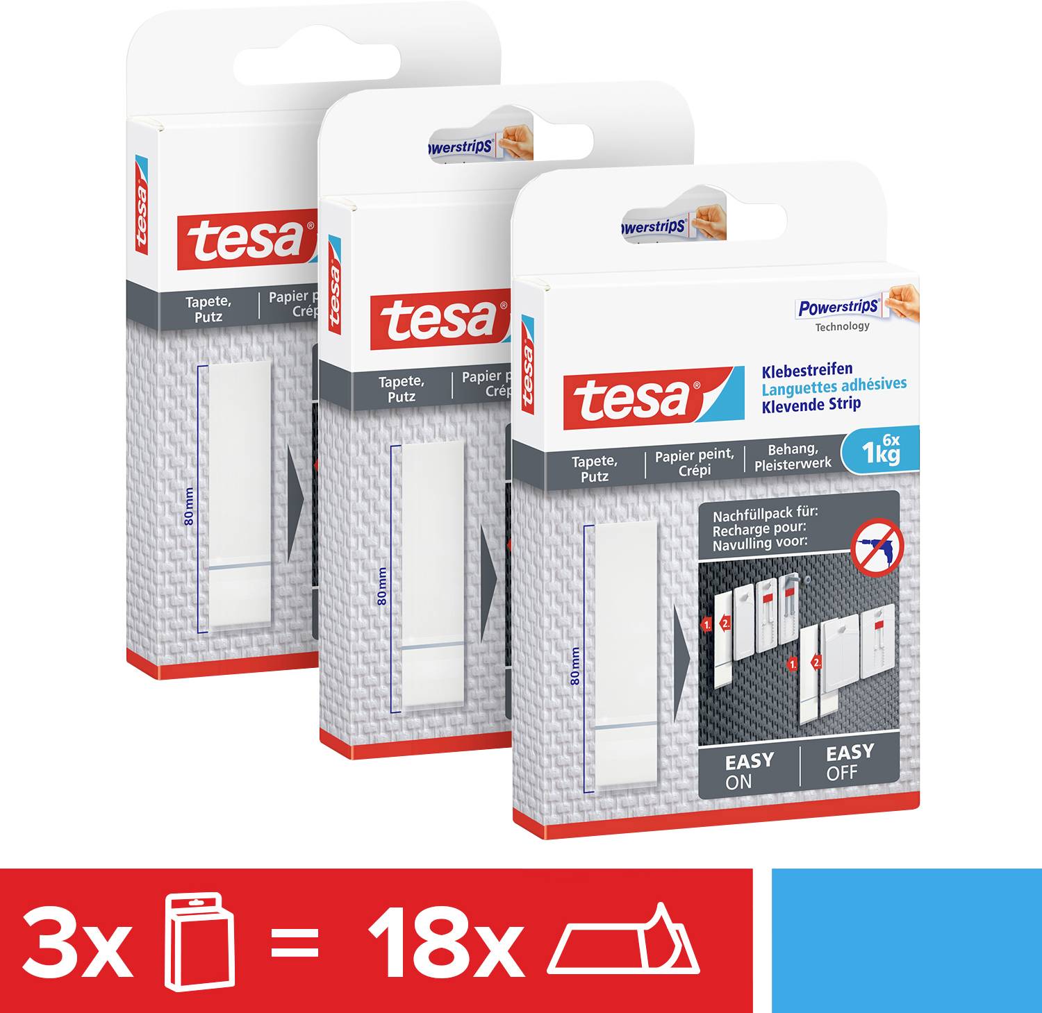 Tři balení lepicích pásek Tesa pro tapety a omítky, každé obsahující 6 proužků; vhodné pro zatížení až 1 kg.
