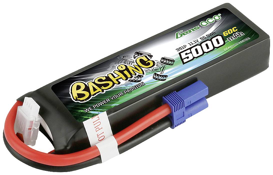 RC LiPo akumulátor s nápisem 'Bashing', 5000 mAh, 11,1V, 60C. Má červené a modré připojovací kabely.
