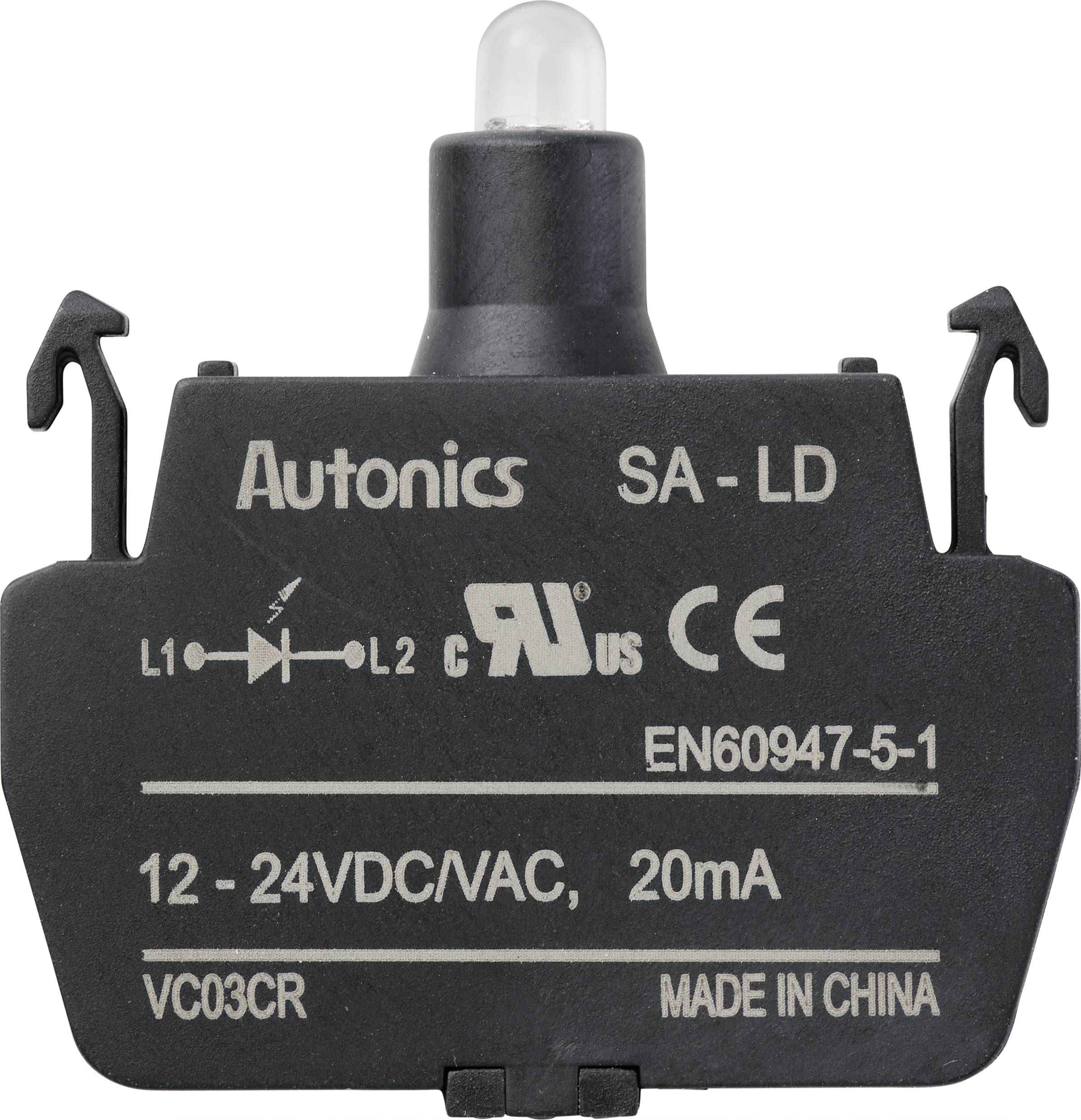 Černý senzor od společnosti Autonics (model SA-LD) s technickými specifikacemi pro napětí (12-24VDC/VAC) a proud (20mA).
