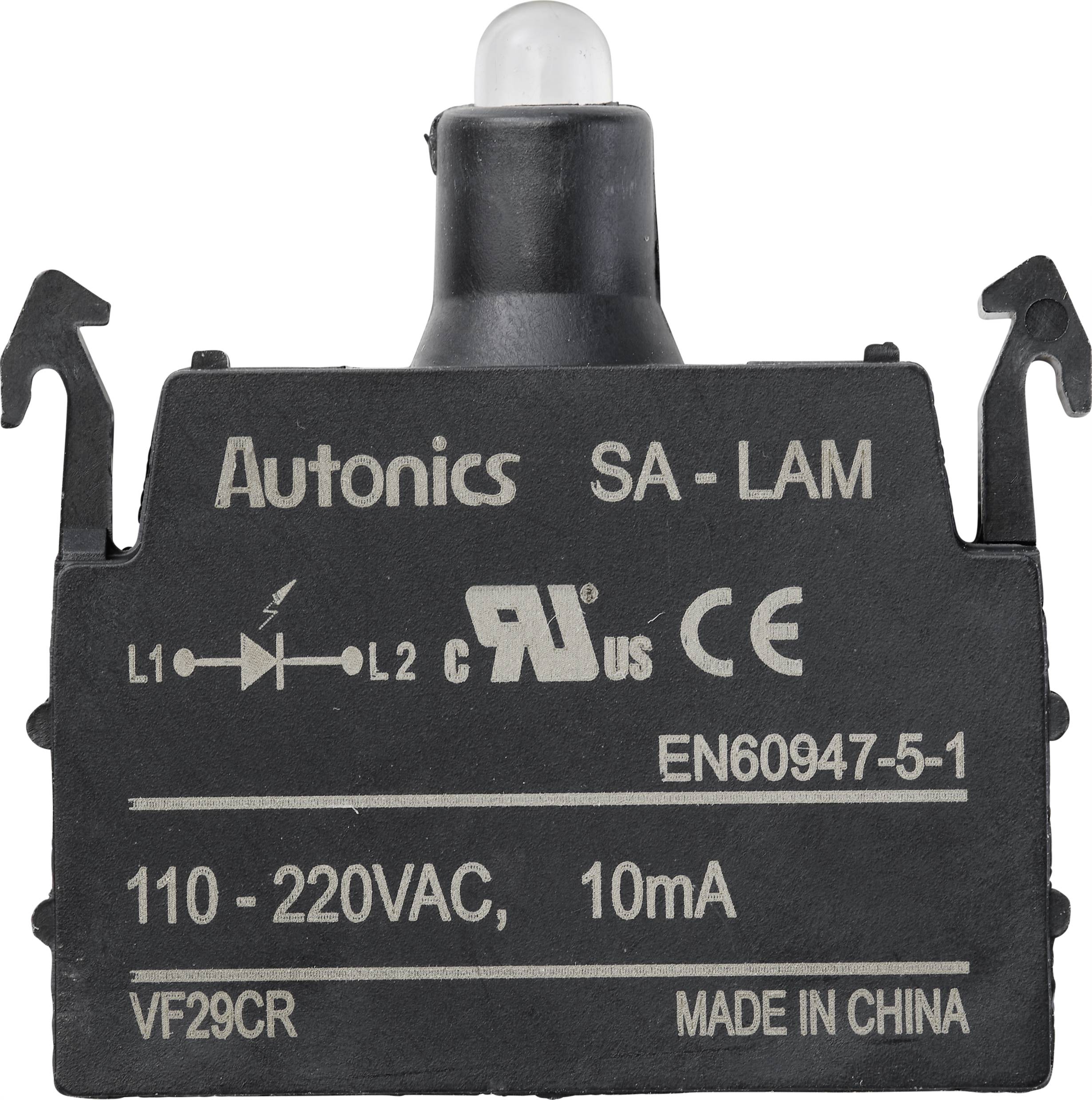 Černý elektronický spínač s nápisem 'Autonics SA-LAM', napětí '110-220VAC', proudová intenzita '10mA', vyrobeno v Číně.