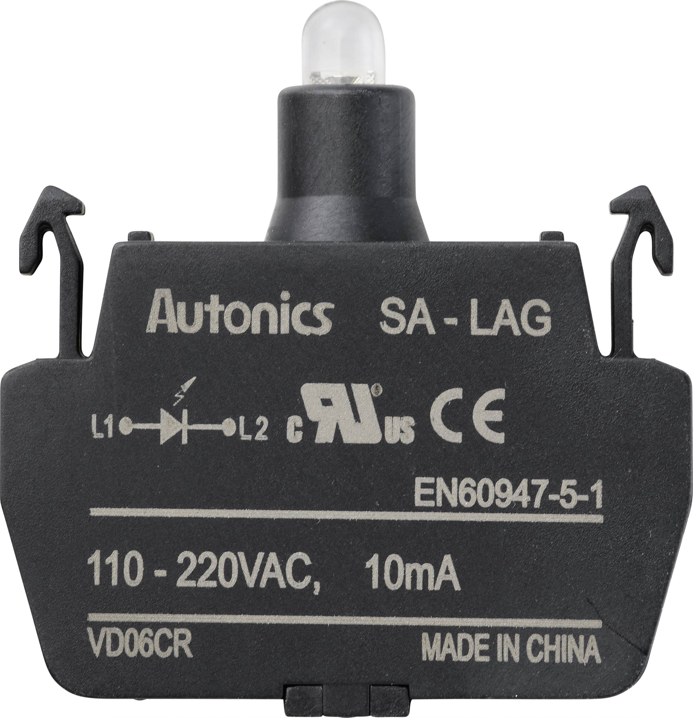 Černý náhradní díl Autonics SA-LAG s potiskem '110-220VAC, 10mA'. Horní strana obsahuje držáky a válcovou čočku.