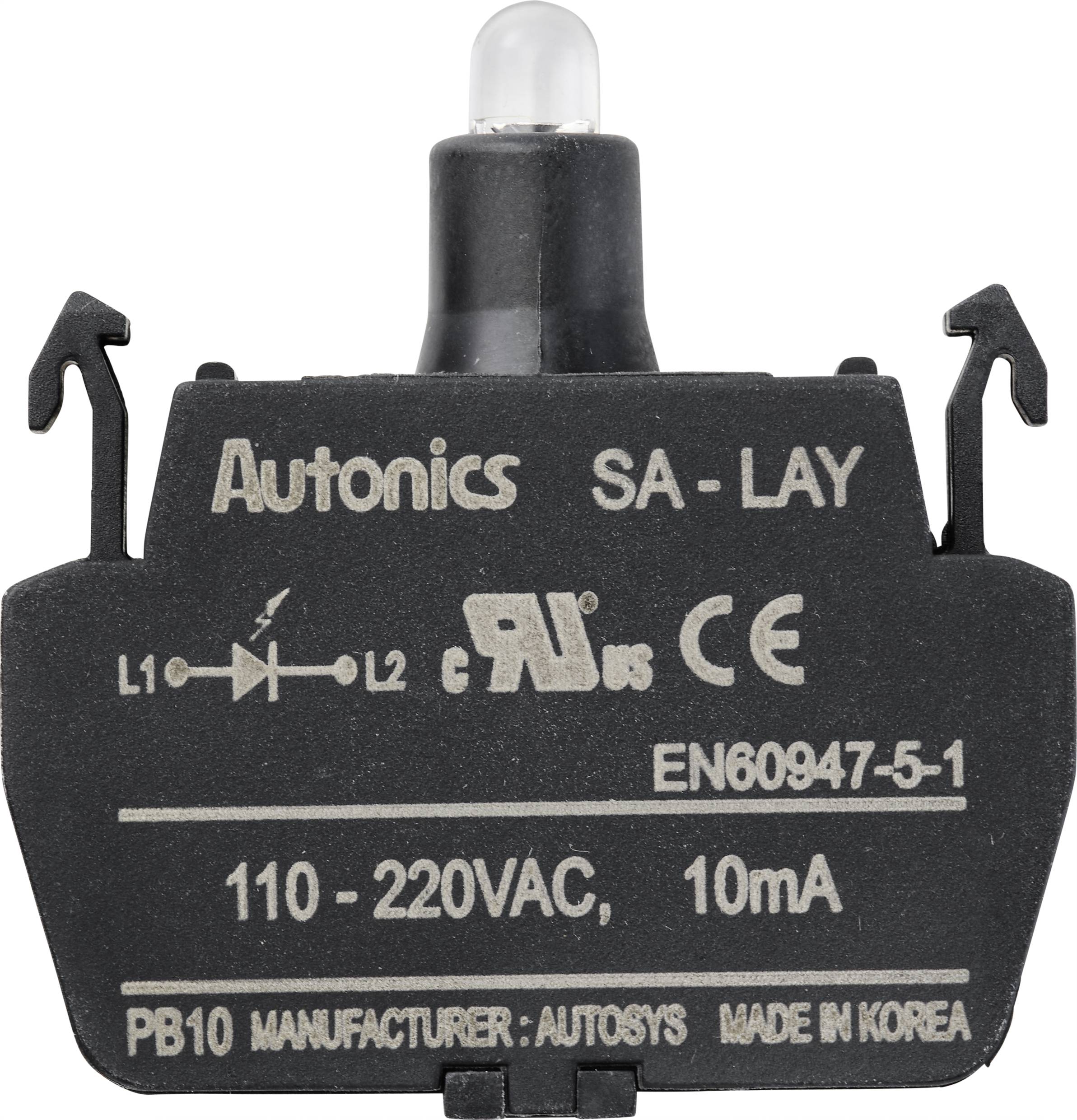 Černý přepínač značky 'Autonics' s potiskem 'SA-LAY', LED indikátor nahoře, specifikace 110-220V AC, 10mA, vyrobeno v Koreji.