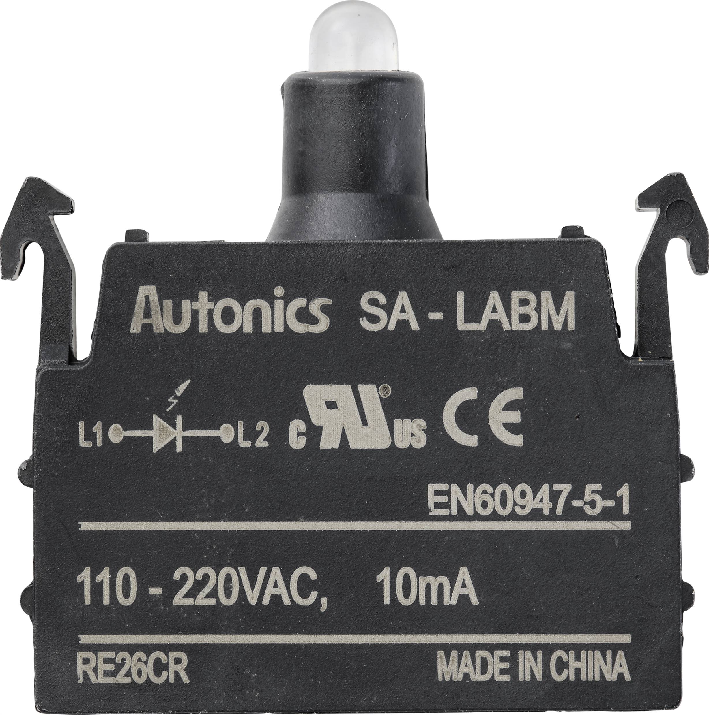 Černý spínač s popiskem: 'Autonics SA-LABM', napětí '110-220VAC', proud '10mA', a 'Vyrobeno v Číně'.