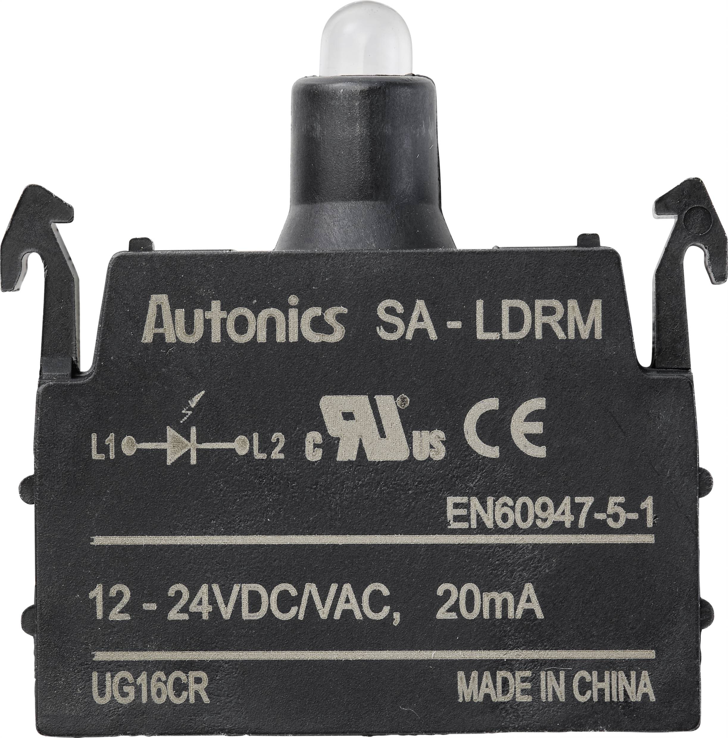 Snímač 'Autonics SA-LDRM', černý s různými zkušebními značkami a provozními informacemi. Napětí: 12-24VDC/VAC, 20mA.