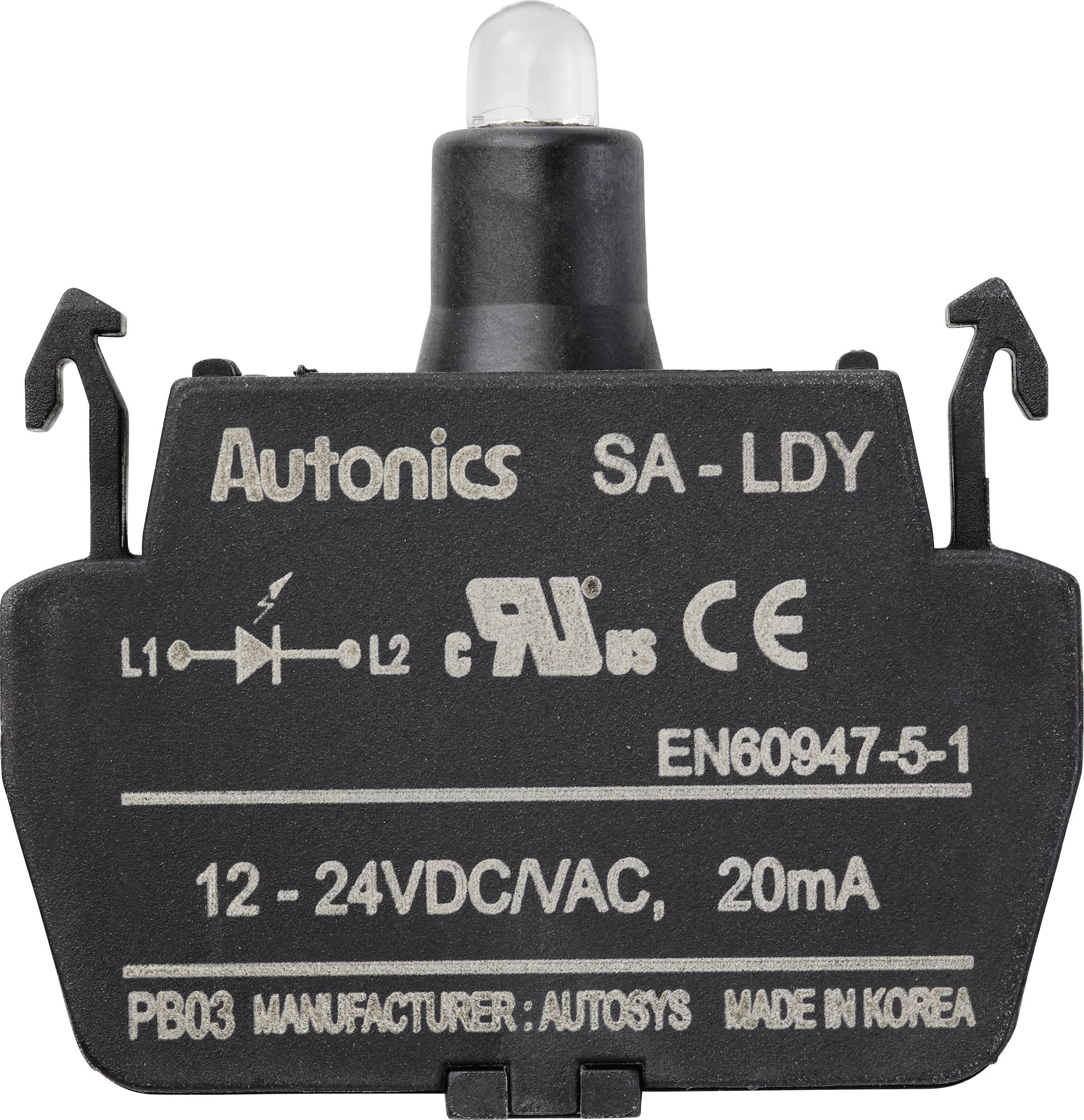 'Autonics SA-LDY' mikrospínač, 12-24 VDC/VAC, 20 mA, s symboly certifikací a země původu 'Vyrobeno v Koreji'.