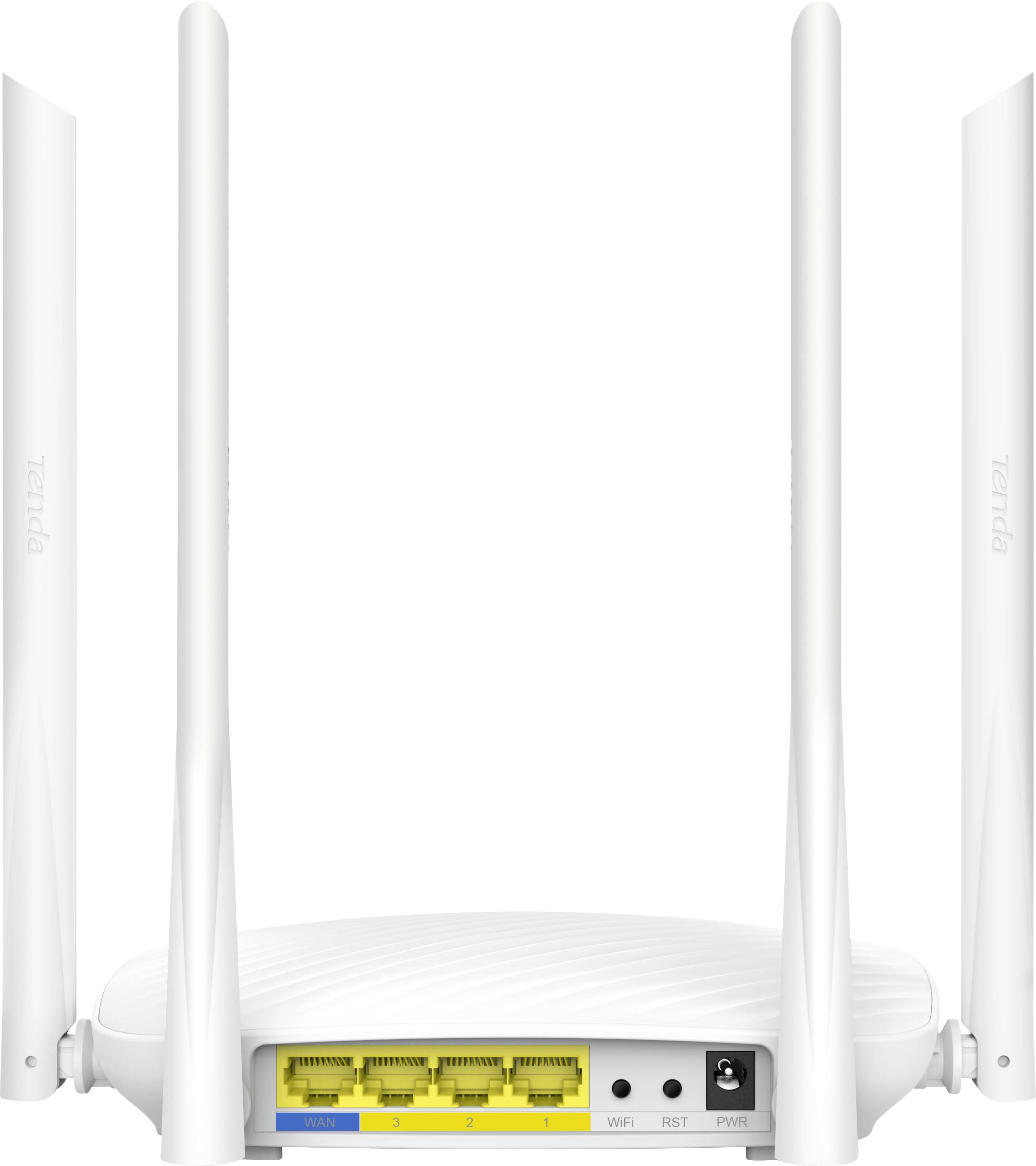 Bílý router se čtyřmi anténami. Vzadu se nachází několik žlutých LAN portů, jeden modrý WAN port a další tlačítka.