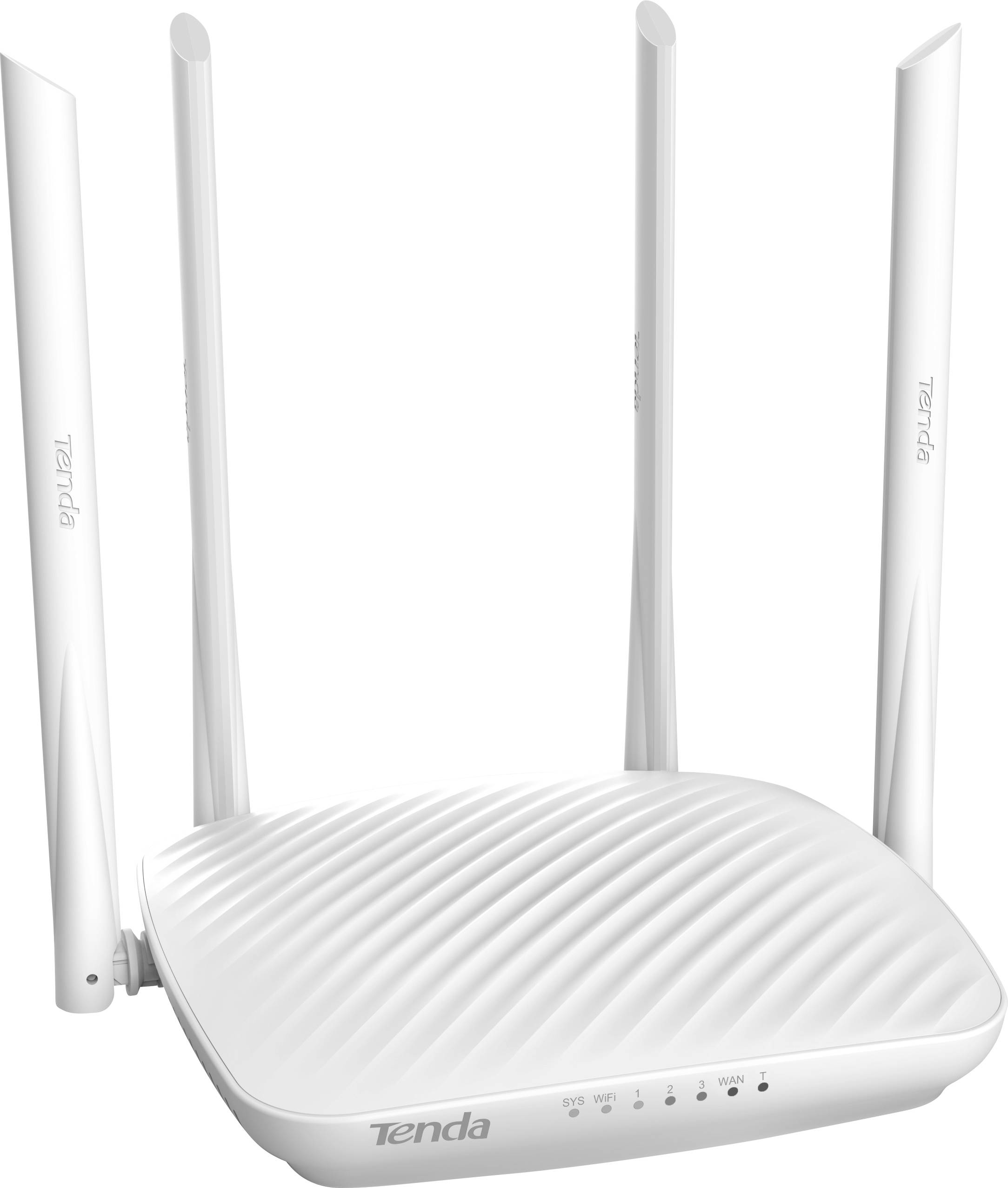 Bílý WiFi router se čtyřmi svisle umístěnými anténami. Na přední straně se nachází několik stavových kontrolek.