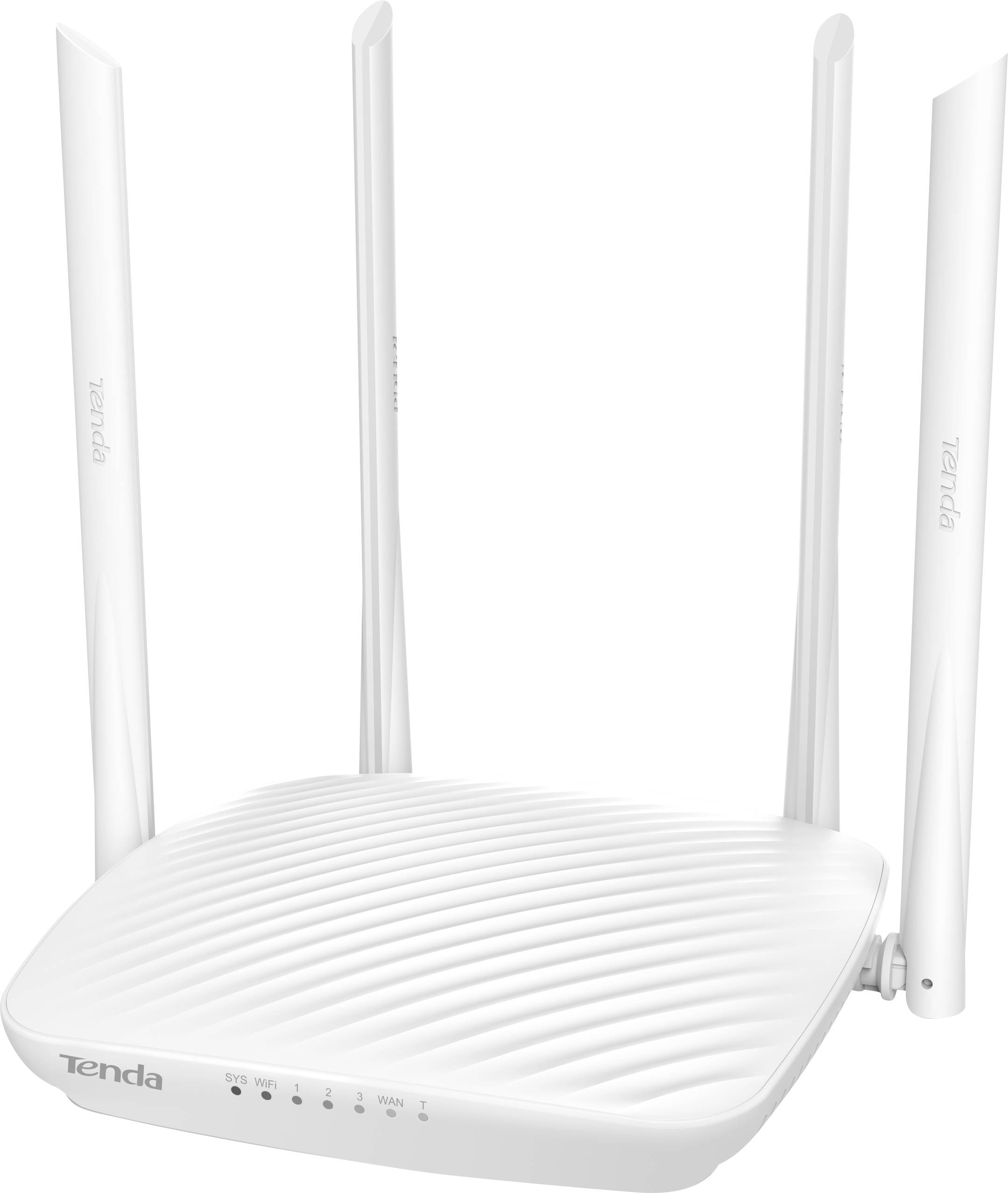 Bílý Wi-Fi router značky Tenda se čtyřmi anténami a LED indikátory na přední straně.