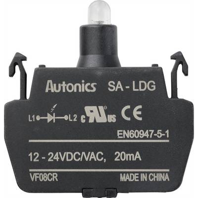 Světelná závora Autonics, model SA-LDG, napětí 12-24 VDC/VAC, 20 mA, vyrobeno v Číně. CE a certifikace jsou viditelné.