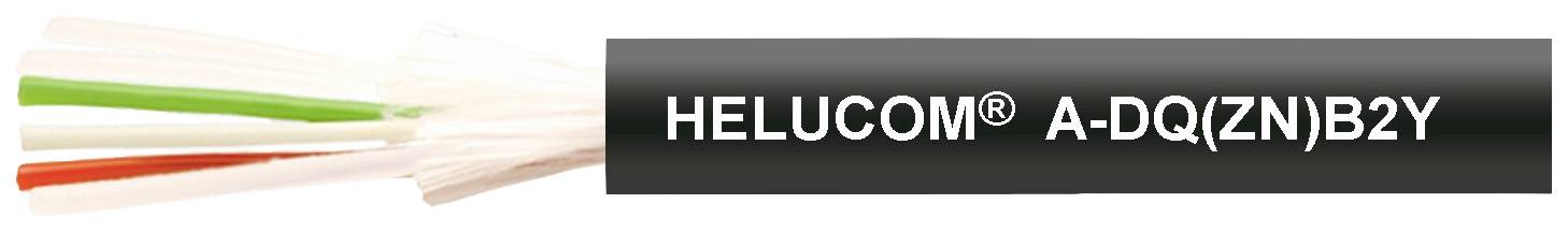 Kabel s nápisem 'HELUCOM A-DQ(ZN)B2Y' obsahuje bílé, červené a zelené vnitřní vodiče.