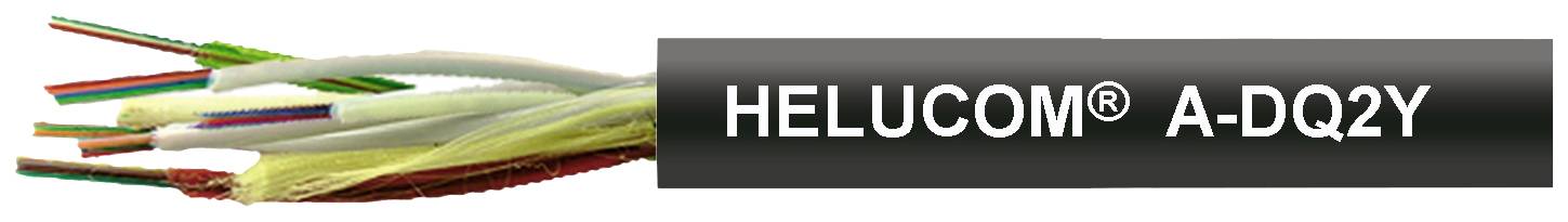 Optický kabel s barevně označenými vlákny, popis 'HELUCOM® A-DQ2Y' na plášti kabelu.