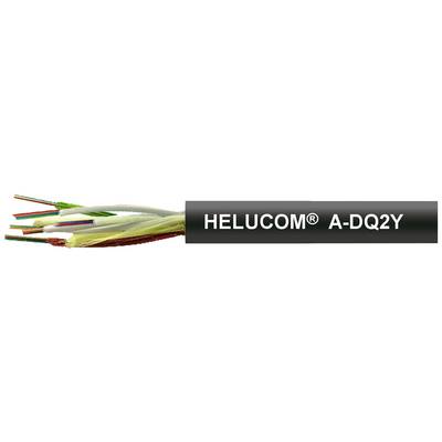 Optický kabel s otevřeným pláštěm, zobrazující barevná vlákna. Nápis 'HELUCOM A-DQY' na černém pozadí.