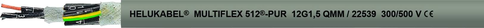 Kabel s černou izolací a barevnými vodiči. Text na kabelu: 'HELUKABEL MULTIFLEX 512-PUR 12561 0,6 MM² 22528 300/500 V ∙ ∙ VDE ∙ ∙'.