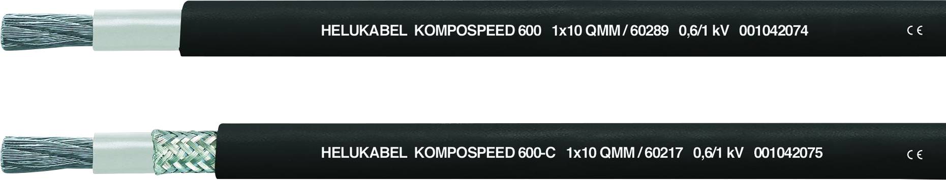 Dva černé kabely s nápisem 'HELUKABEL KOMPOSPEED 800 1x10 0,61 kV' ukazují průřez a opláštění.
