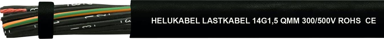 Černý elektrický kabel s nápisem 'HELU KABEL LASTKABEL (4G) 1,5 QMM 300/500V ROHS CE', zobrazuje specifikace kabelu.