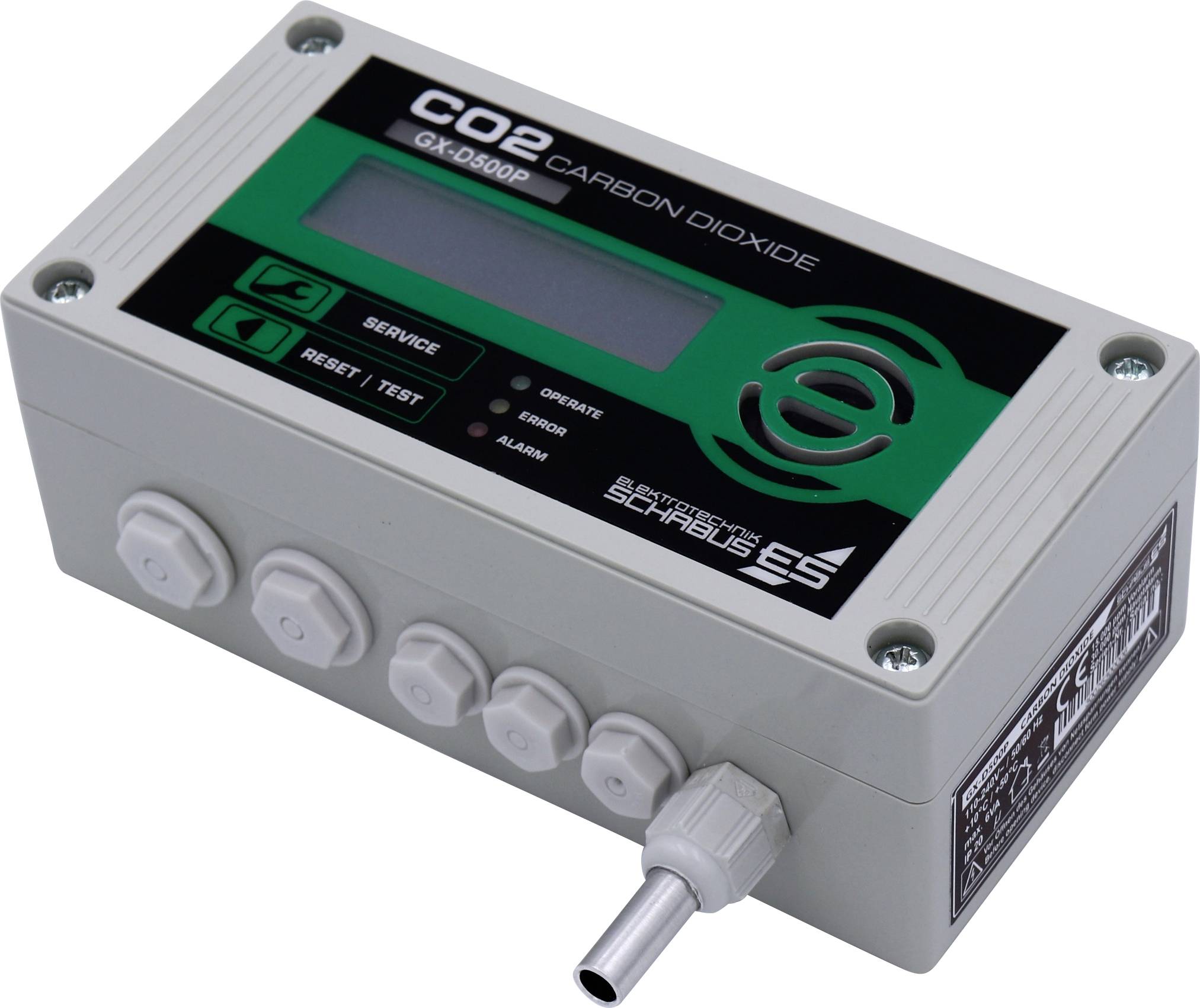 CO2 plynový detektor s LCD displejem a čtyřmi tlačítky. Zobrazuje obsah oxidu uhličitého. Označen štítky 'Servis' a 'Reset/Test'.