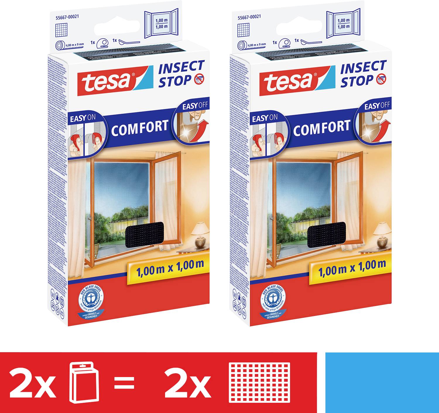 Dvě balení Tesa Insect Stop Comfort s okenní sítí proti hmyzu, každá 1,00 m x 1,00 m. Používá se k ochraně před hmyzem.