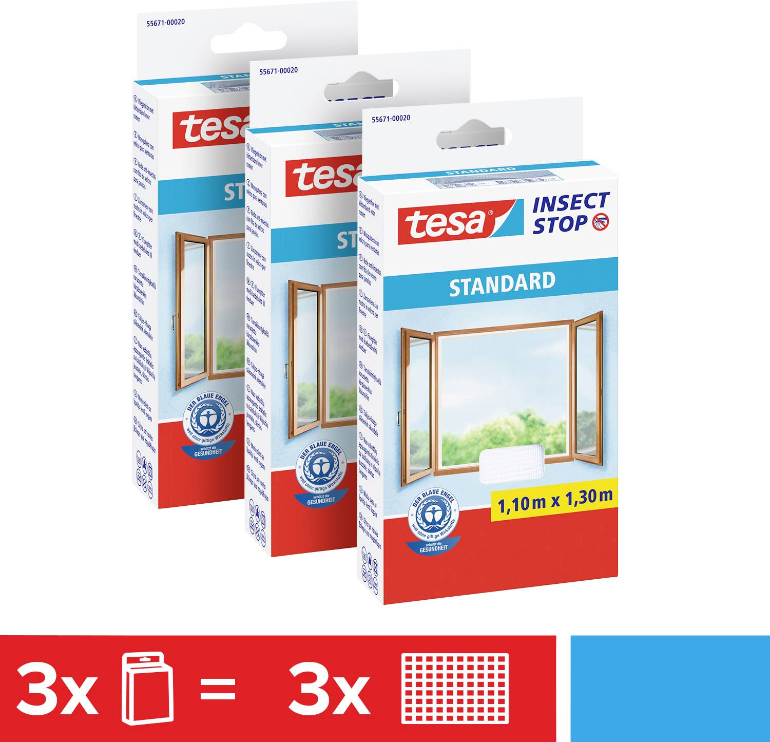 Tři balení Tesa Insect Stop Standard sítě proti hmyzu, každá o rozměrech 1,10 m x 1,30 m, vyobrazené před otevřeným oknem s krajinou.