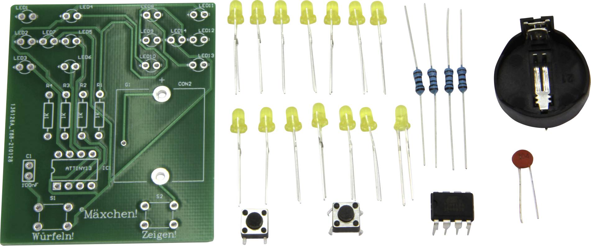 Elektronický stavebnicový kit s deskou plošných spojů, žlutými LED diodami, rezistory, držákem knoflíkové baterie, kondenzátorem, spínačem a integrovaným obvodem, připravený k montáži.