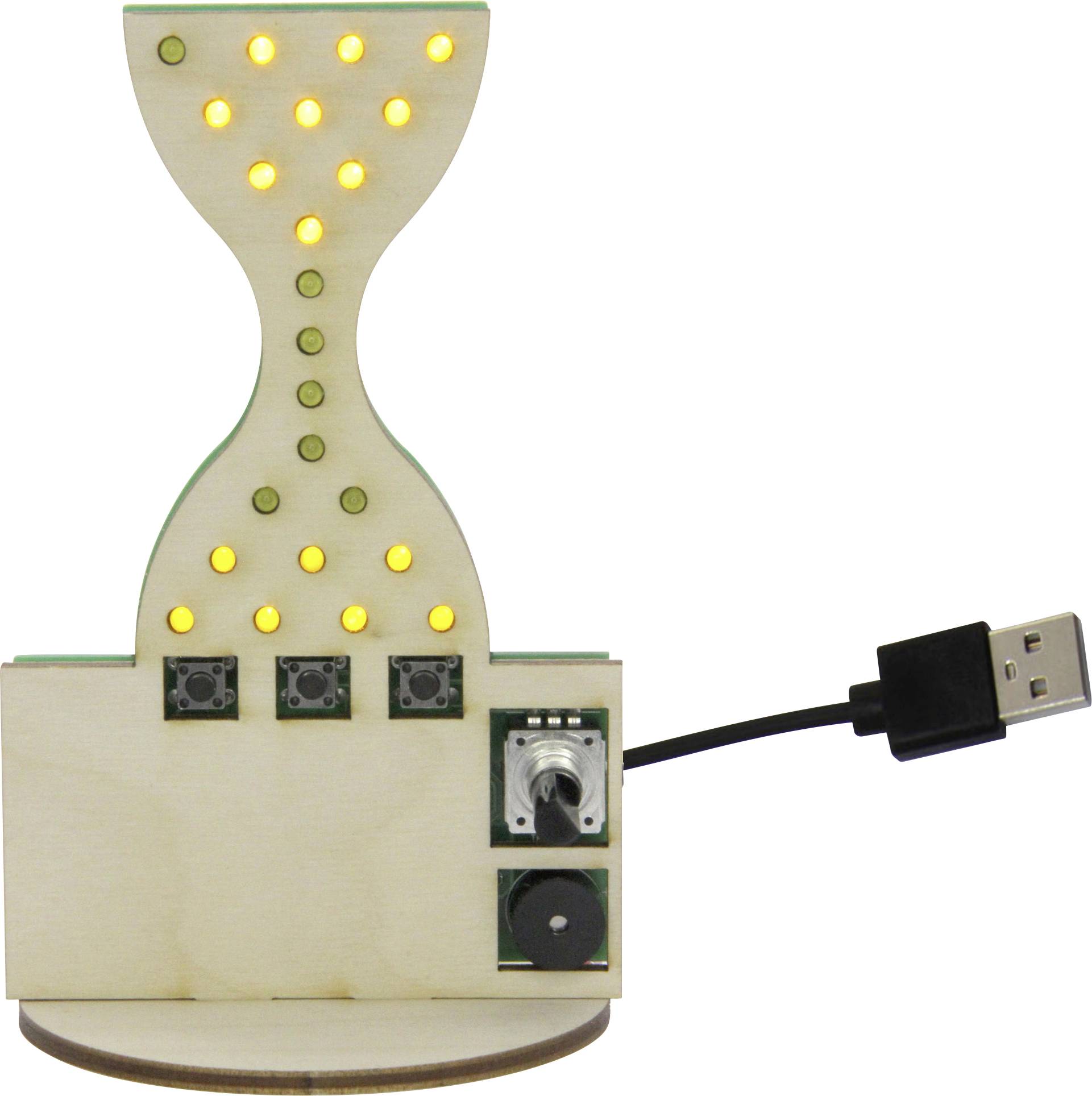 Dřevěné přesýpací hodiny s žlutě svítícími LED a USB kabelem. Tři tlačítka a otočný ovladač na základně ovládají displej.