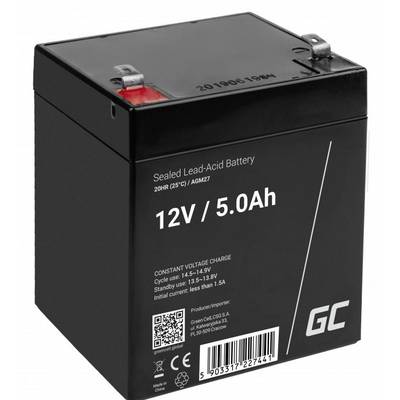 Černá hermeticky uzavřená olověná akumulátorová baterie s napětím 12V a kapacitou 5,0Ah. Štítek zobrazuje technické údaje a QR kód dole.