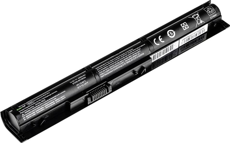 Černý notebook baterie s technickými údaji a symboly na povrchu, včetně CE značení a symbolu pro recyklaci.