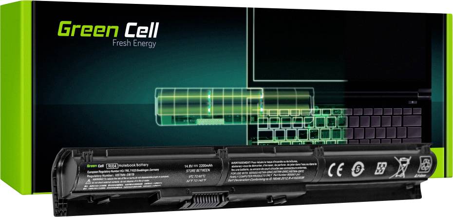 Černá baterie do notebooku od Green Cell před jejím obalem. Na obalu jsou zobrazeny technologické grafiky s motivem laptopů.