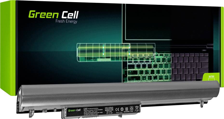 Baterie notebooku značky Green Cell leží před svým obalem. Na obalu jsou viditelné technologické detaily a slogan 'Fresh Energy'.