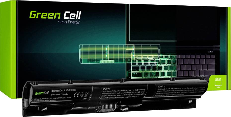 Produktový obal pro notebook baterii značky Green Cell, s schematickým obrázkem notebooku znázorňujícím použití baterie.