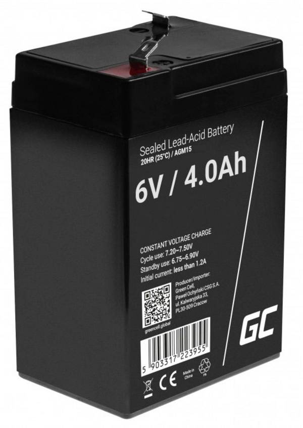 Green Cell AGM Battery Lead Acid VRLA - 6V - 4Ah AGM15 olověný akumulátor 6 V 4 Ah olověný se skelným rounem (š x v x h) 70 x 107 x 47 mm plochý konektor 4,8 mm odolné proti více cyklům, bezúdržbové