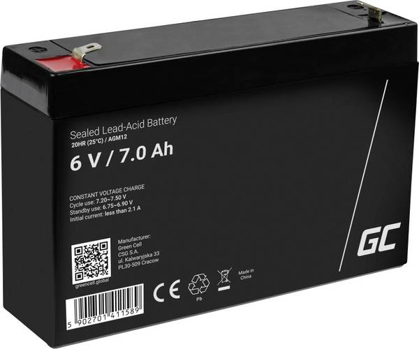 Green Cell Green Cell - USV-Akku - 1 x Batterie - Sealed Lead Acid (SLA) AGM12 olověný akumulátor 6 V 7 Ah olověná gelová (š x v x h) 151 x 100 x 35 mm plochý konektor 4,8 mm odolné proti více cyklům, bezúdržbové