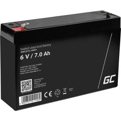 Gelový akumulátor 6 V/7,0 Ah. Specifikace pro cyklické a pohotovostní použití. Adresa výrobce a QR kód viditelné.