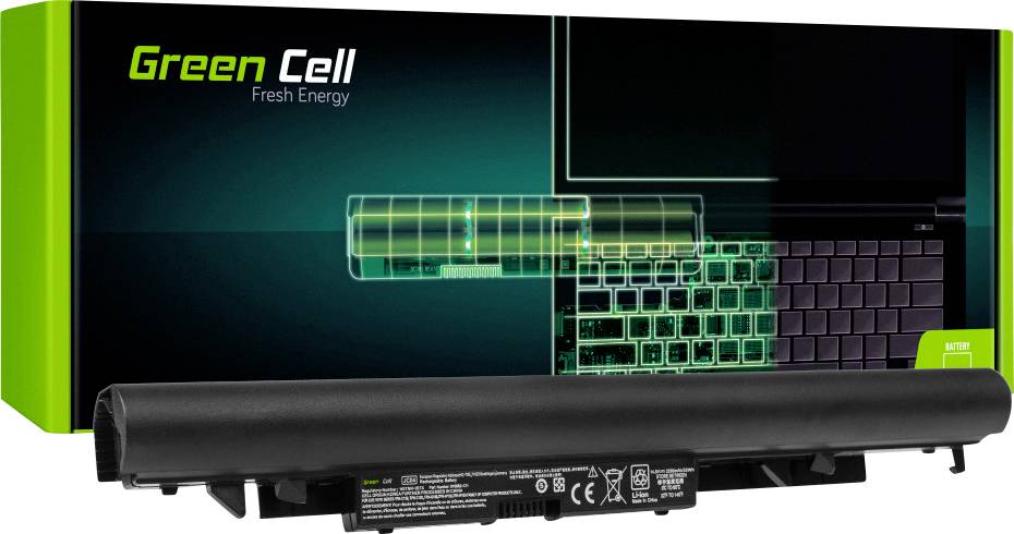 Akumulátor pro notebooky Green Cell před obalem, který zobrazuje obrázek otevřeného laptopů se zvýrazněnou baterií.