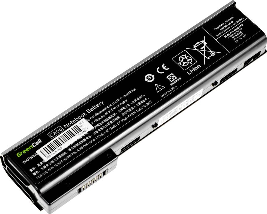 Lithium-iontová notebook baterie, model CA06, 10,8V, 4400mAh, s certifikacemi a recyklačními symboly, vhodná pro notebooky HP.